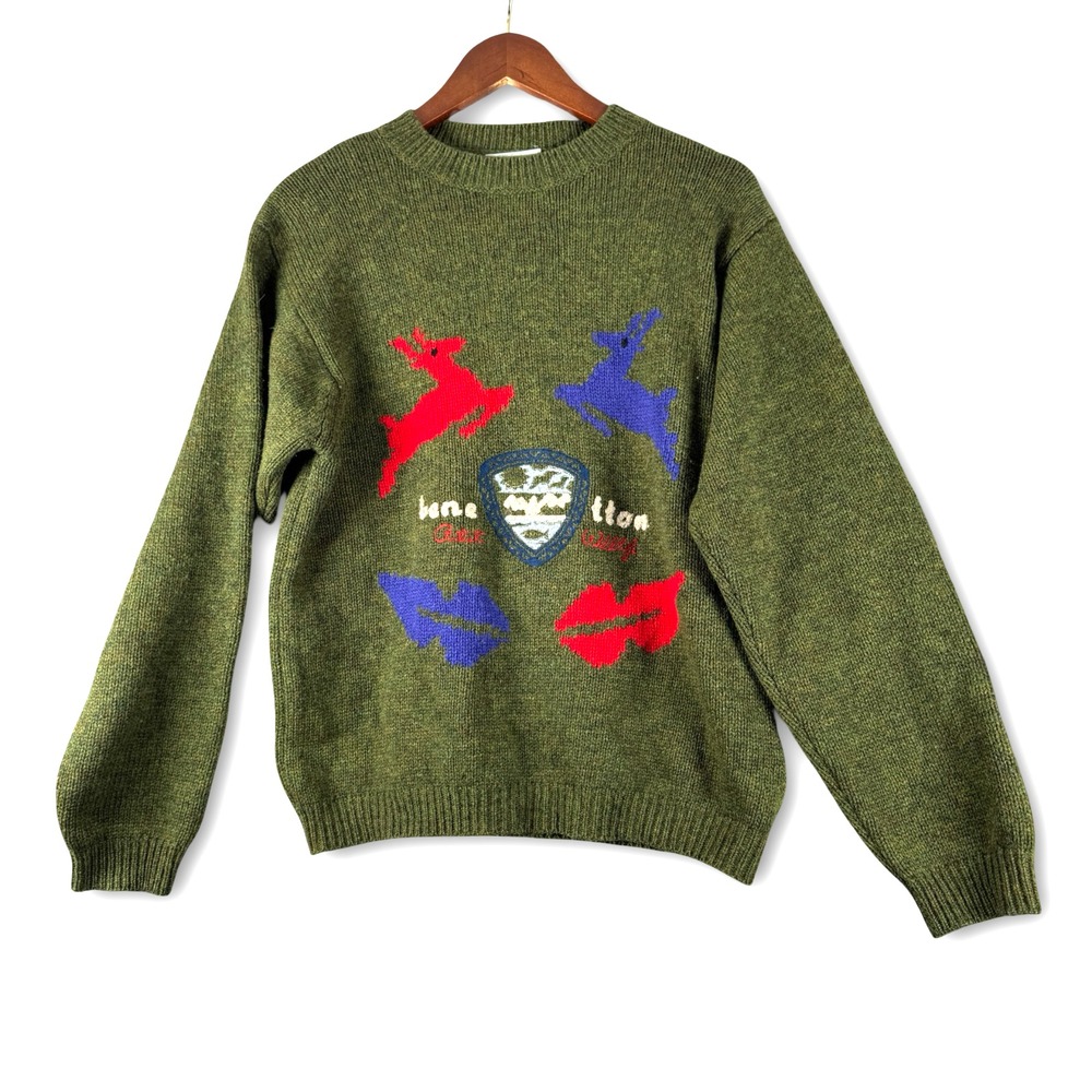 Benetton 012 Vintage Womens Wool Reindeer Sweater (READ FLAWS) Sz XL